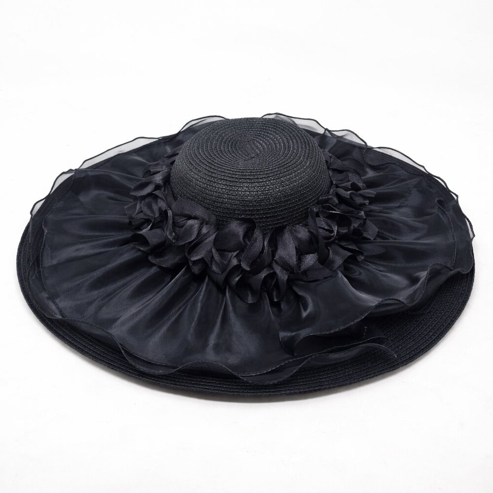 Black Wide Brim Straw Hat – Elegant Organza Ruffle Sun Hat – Kentucky Derby Hat - Picture 3 of 3